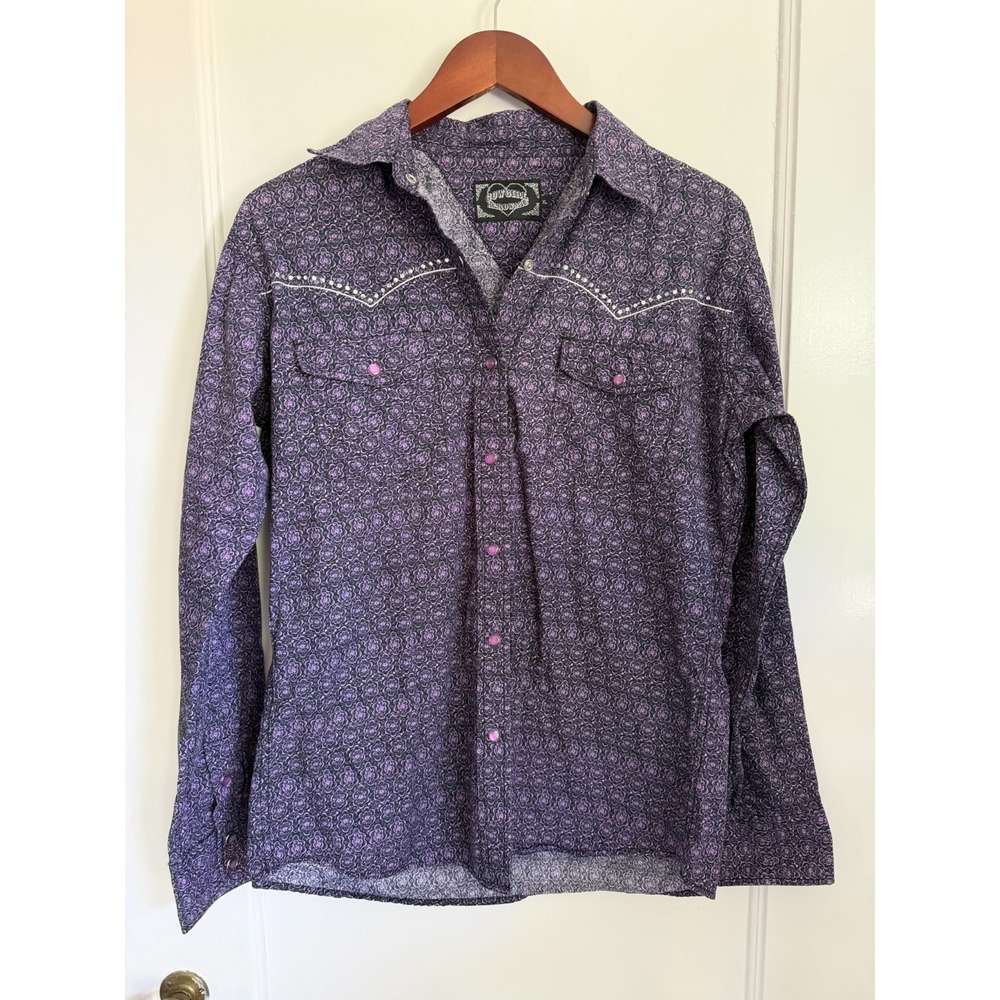 Cowgirl Hardware Western Shirt Womens XL Purple Floral Pearl Snap Rhinestone